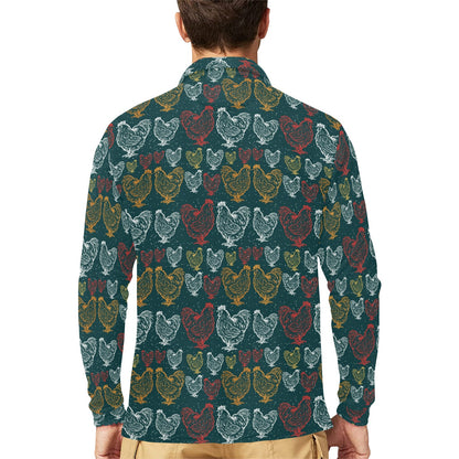 Rooster Hand Draw Design Long Sleeve Polo Shirt For Men's