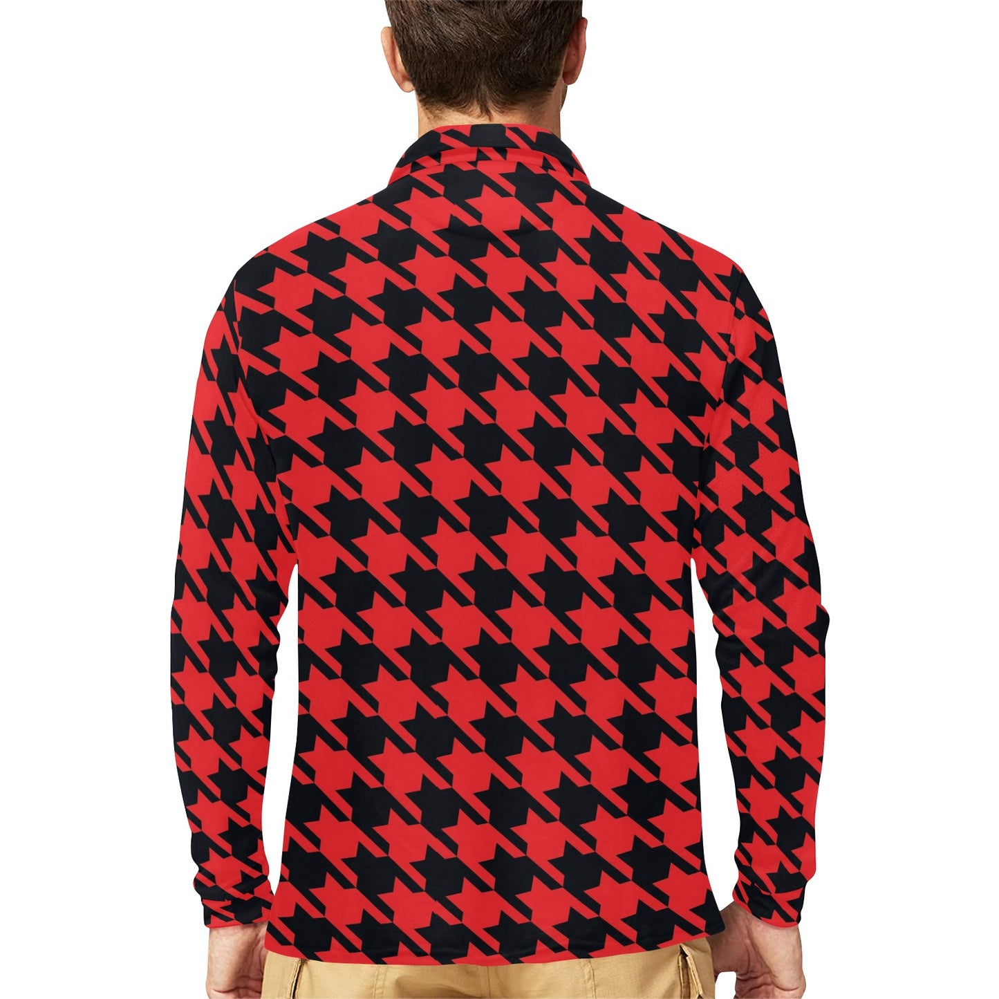 Houndstooth Red Pattern Print Design 03 Long Sleeve Polo Shirt For Men's