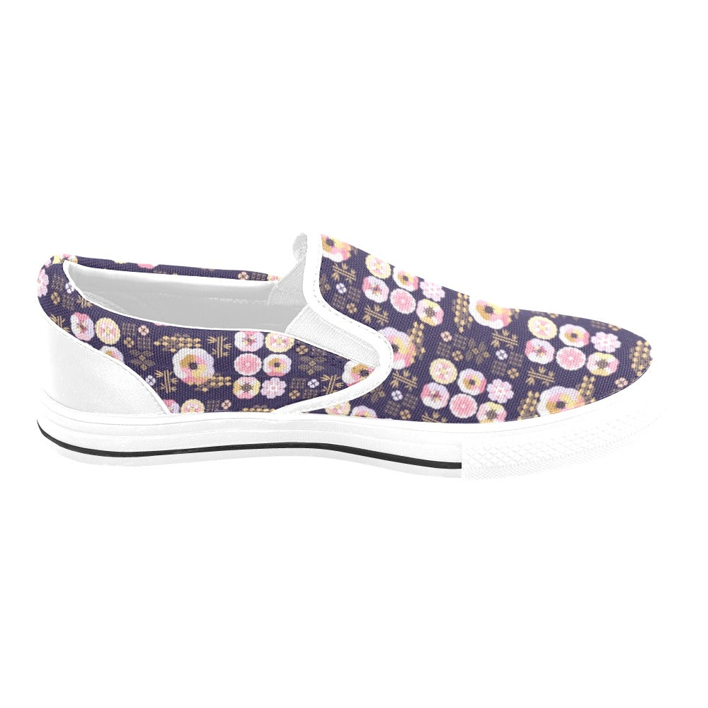 Sakura Japan Style Print Design LKS302 White Slip Ons Canvas Women's Shoes