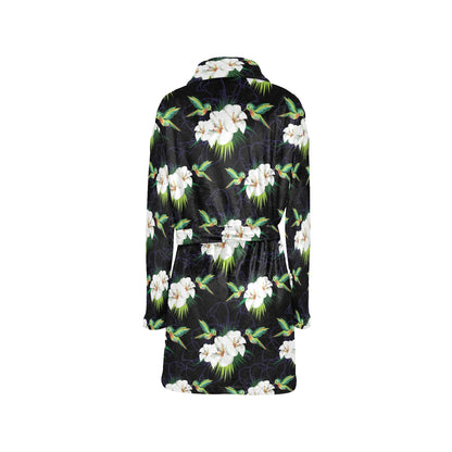 Hummingbird with Flower Pattern Print Design 03 Women's Fleece Robe