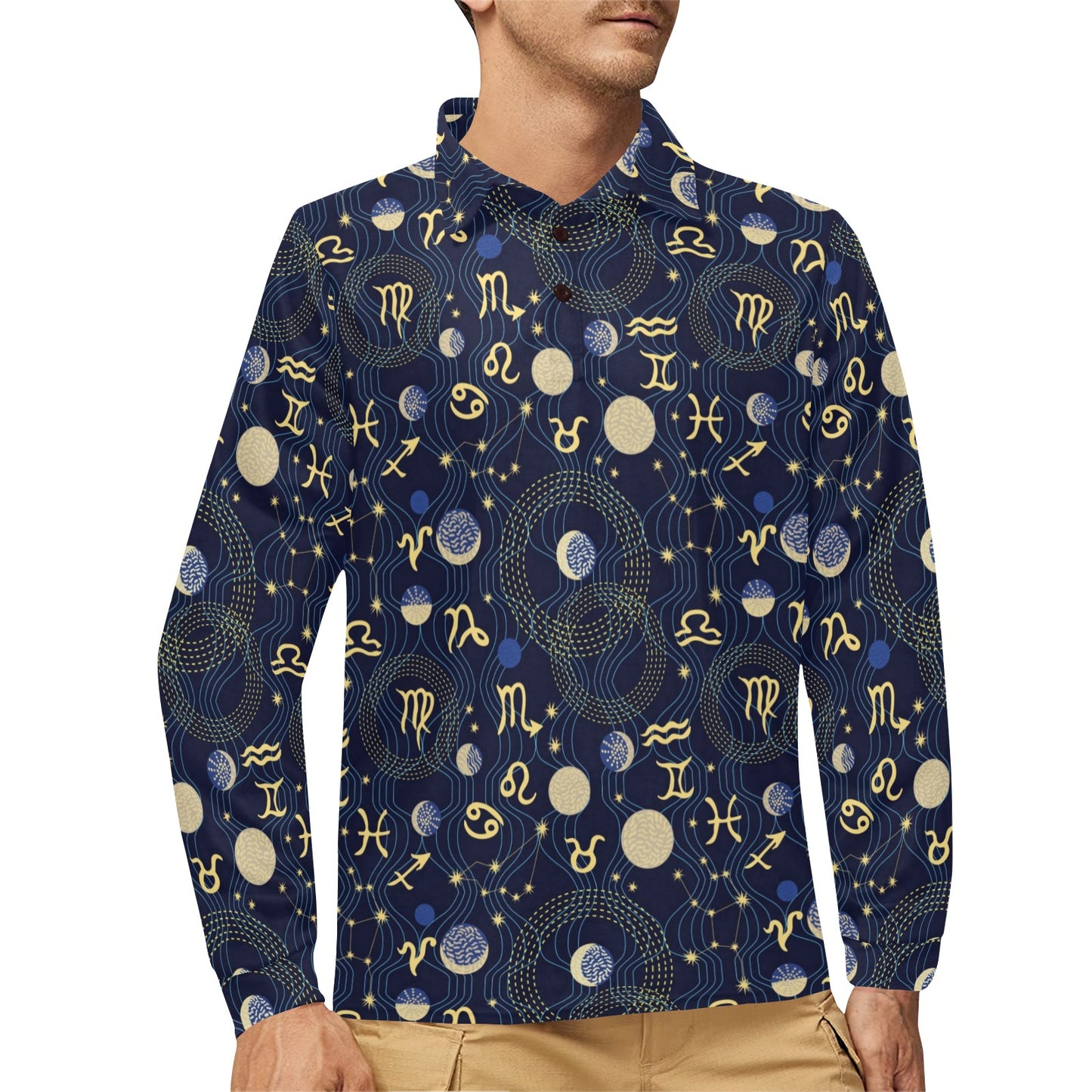 Zodiac Print Design LKS302 Long Sleeve Polo Shirt For Men's