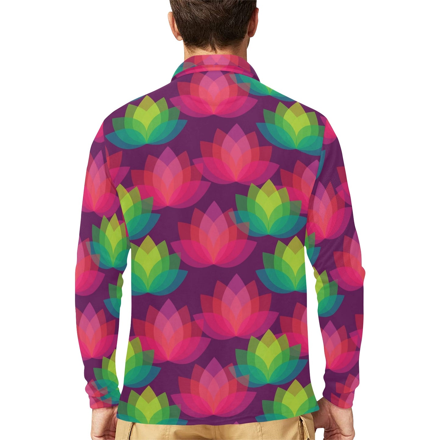 Lotus Pattern Print Design 02 Long Sleeve Polo Shirt For Men's