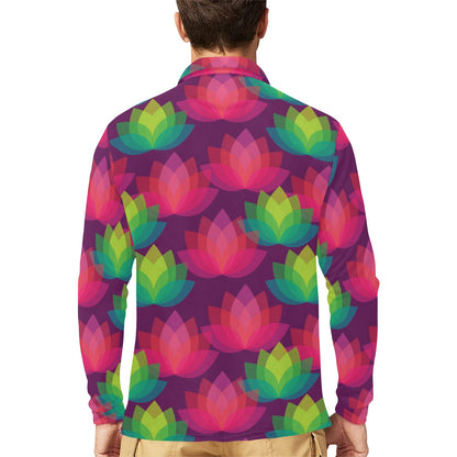 Lotus Pattern Print Design 02 Long Sleeve Polo Shirt For Men's