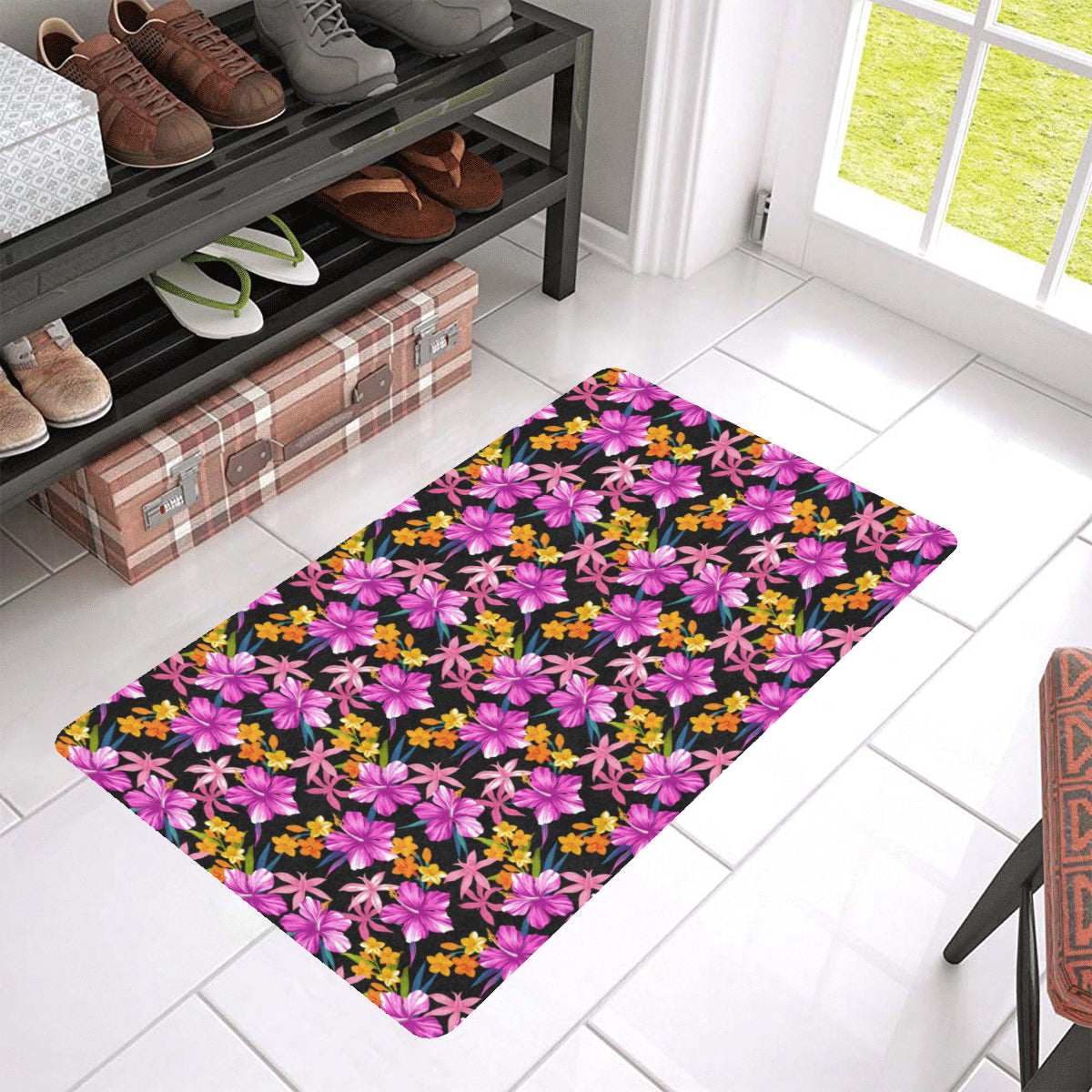 Tropical Folower Pink Hibiscus Print Rubber Doormat