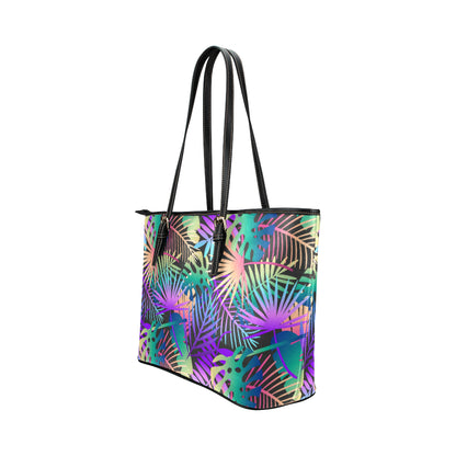 Neon Flower Tropical Palm Leaves Leather Tote Bag