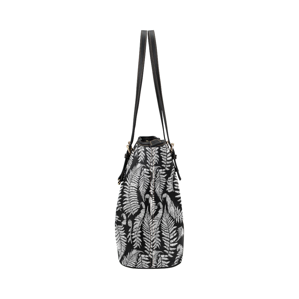 Fern Leave Black White Print Pattern Leather Tote Bag