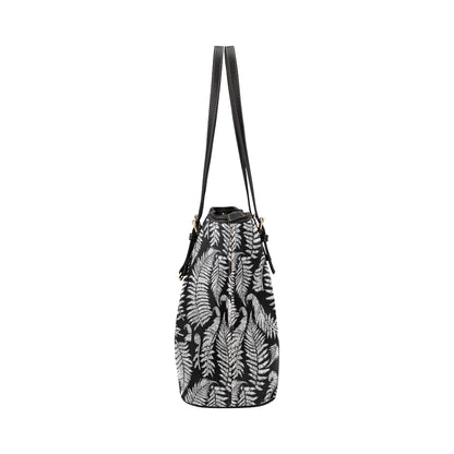 Fern Leave Black White Print Pattern Leather Tote Bag
