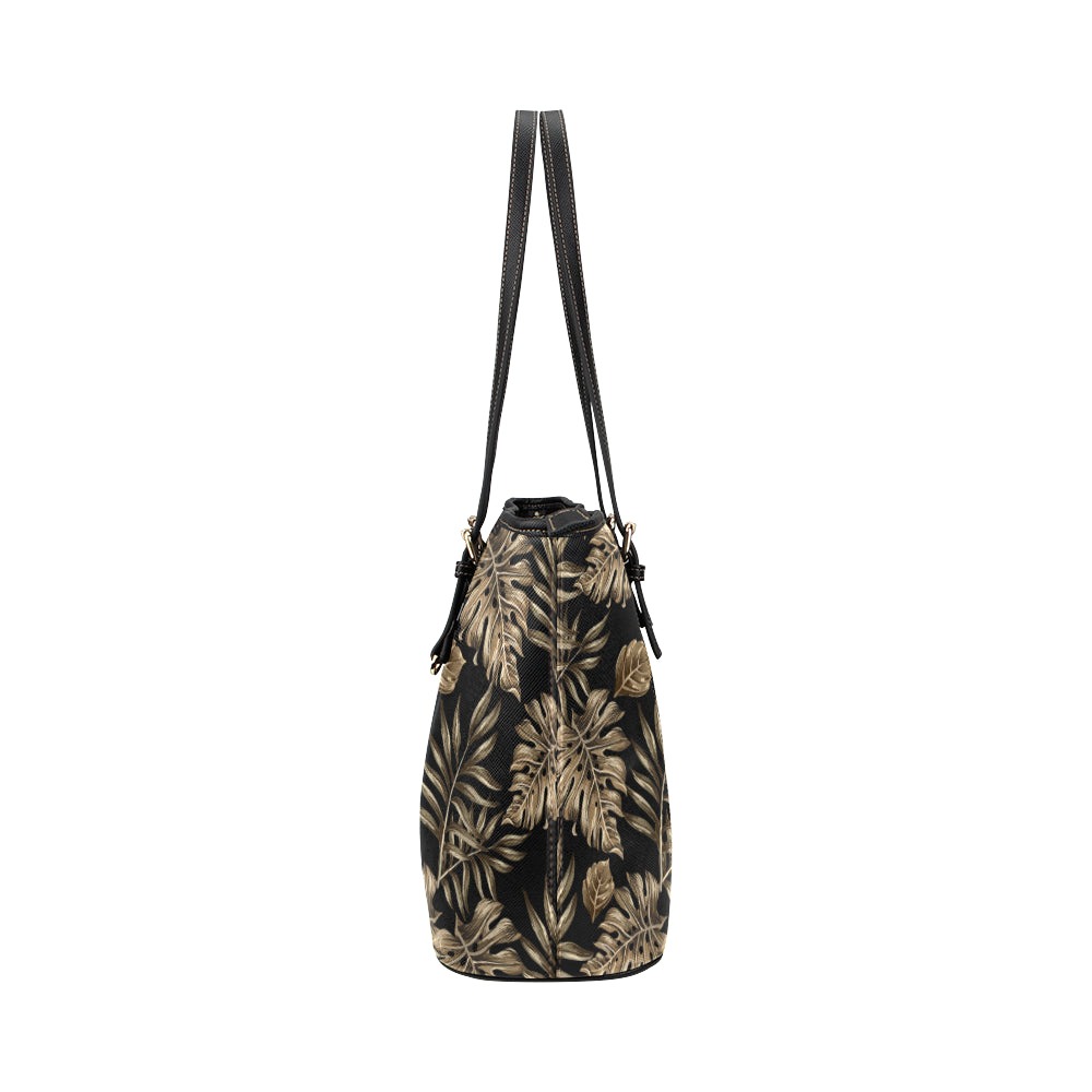 Brown Tropical Palm Leaves Leather Tote Bag