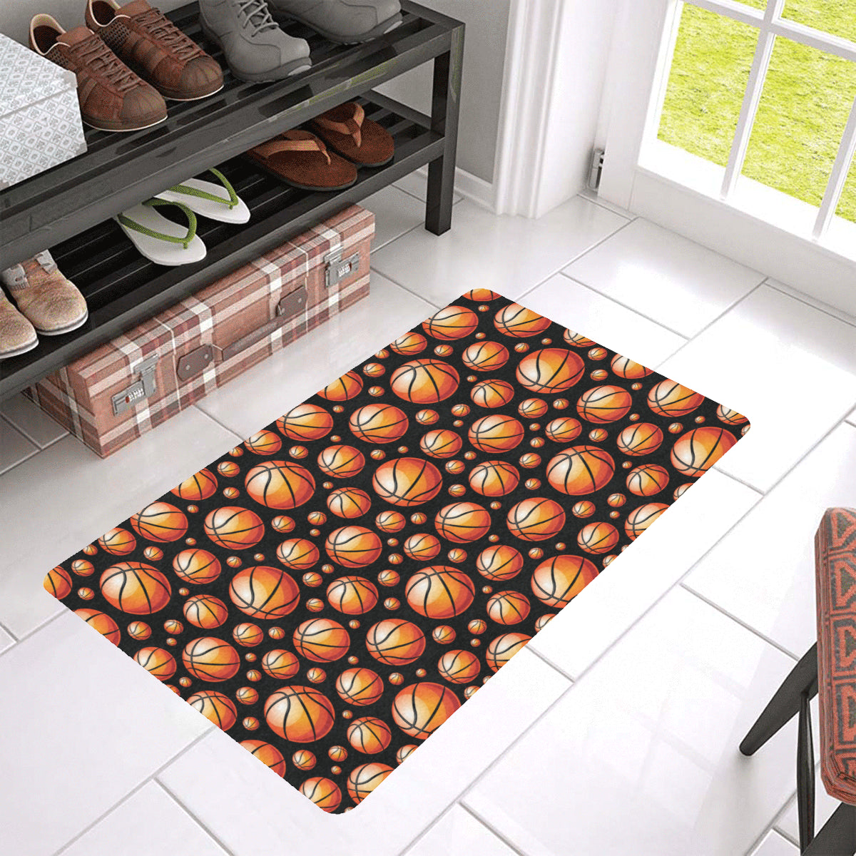 Basketball Black Background Pattern Rubber Doormat