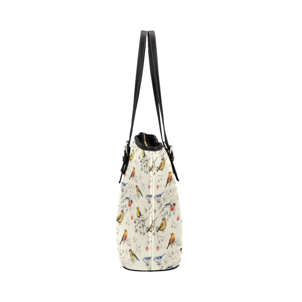 Bird Watercolor Design Pattern Leather Tote Bag