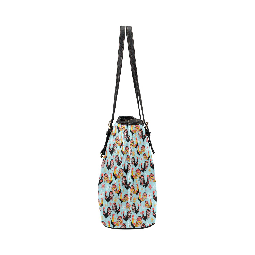 Rooster Themed Design Leather Tote Bag