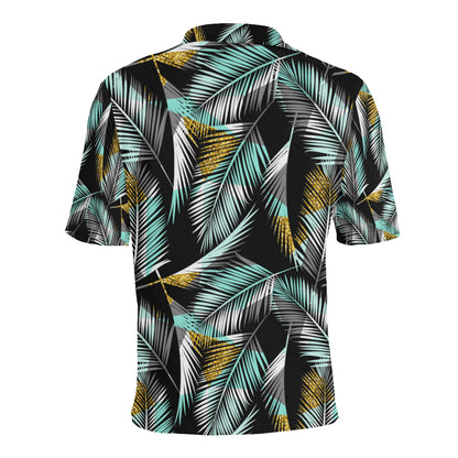 Gold Glitter Cyan Tropical Palm Leaves Men Polo Shirt