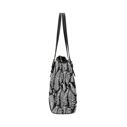 Fern Leave Black White Print Pattern Leather Tote Bag