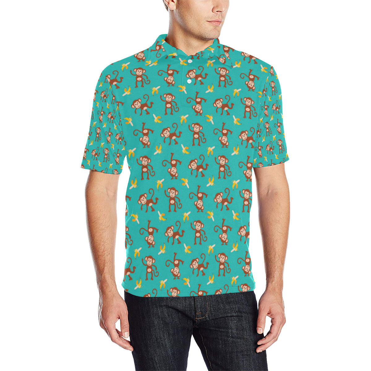 Monkey Banana Design Themed Print Men Polo Shirt