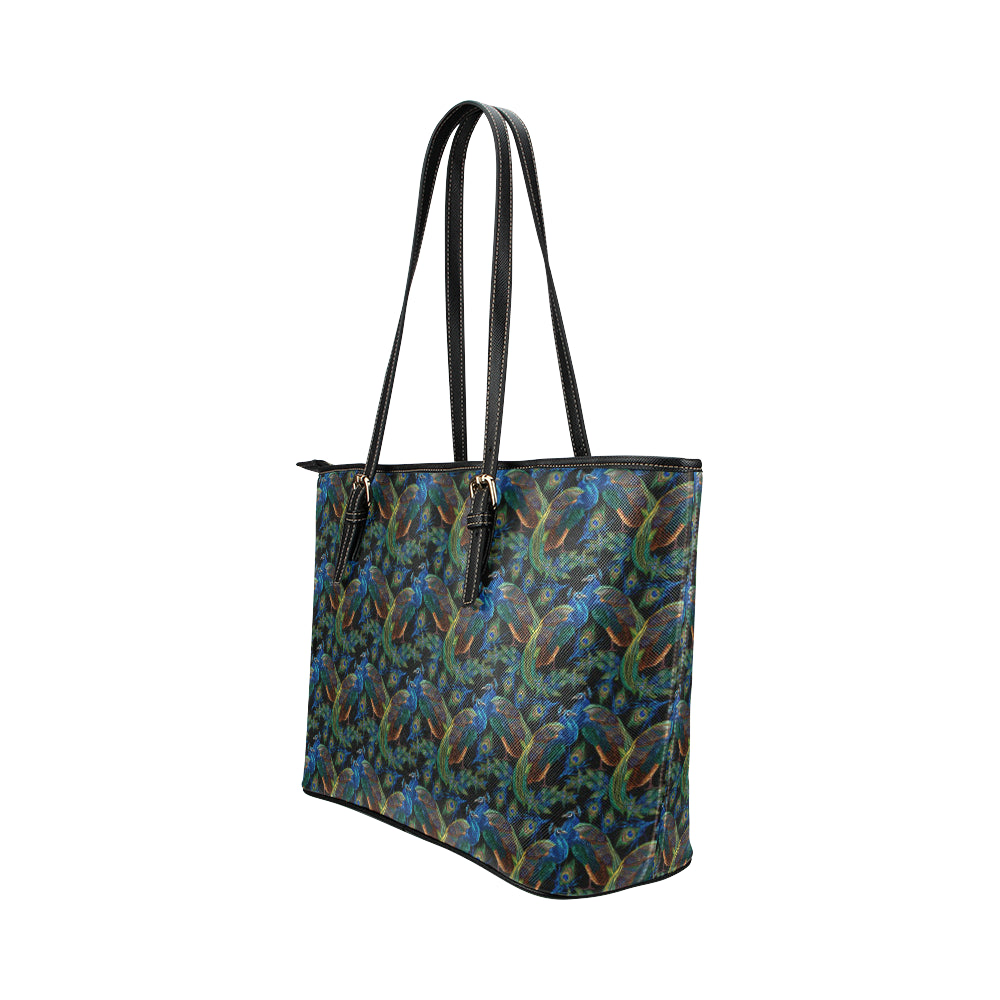 Peacock Themed Design Print Leather Tote Bag
