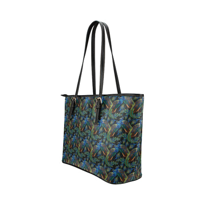 Peacock Themed Design Print Leather Tote Bag