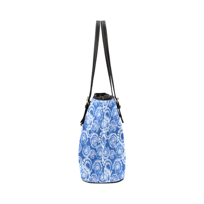 Tie Dye Blue Design Print Leather Tote Bag