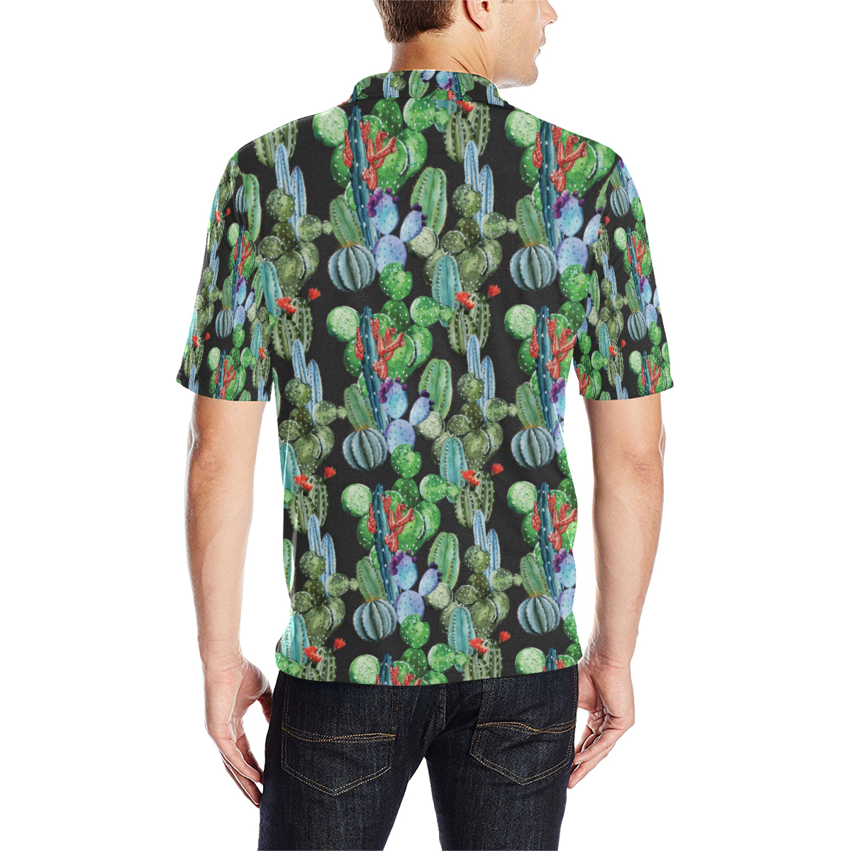 Cactus Watercolor Style Print Men Polo Shirt