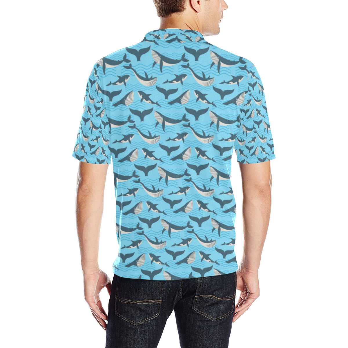 Whale Pattern Design Themed Print Men Polo Shirt