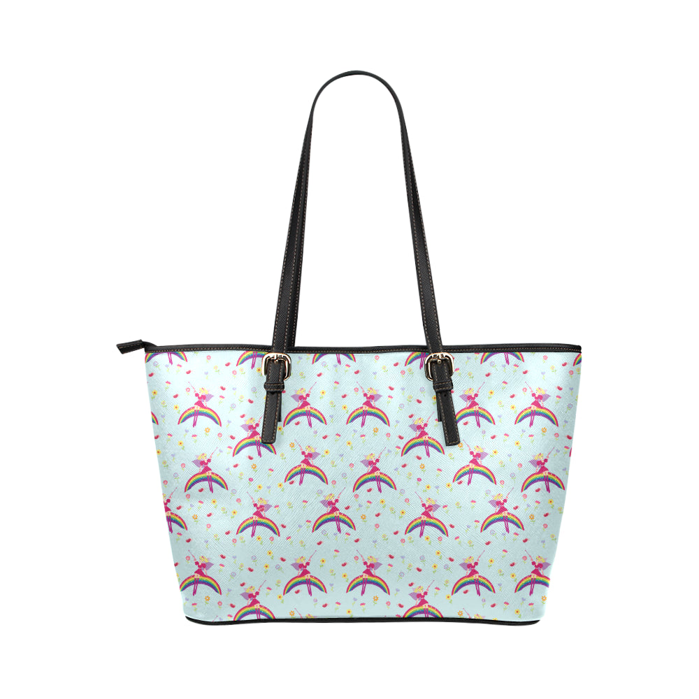 Fairy with Rainbow Print Pattern Leather Tote Bag