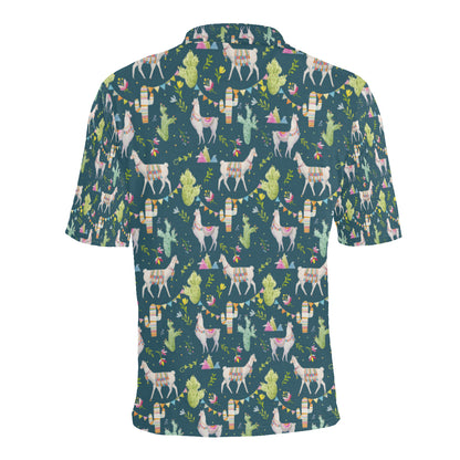 Llama with Cactus Design Print Men Polo Shirt