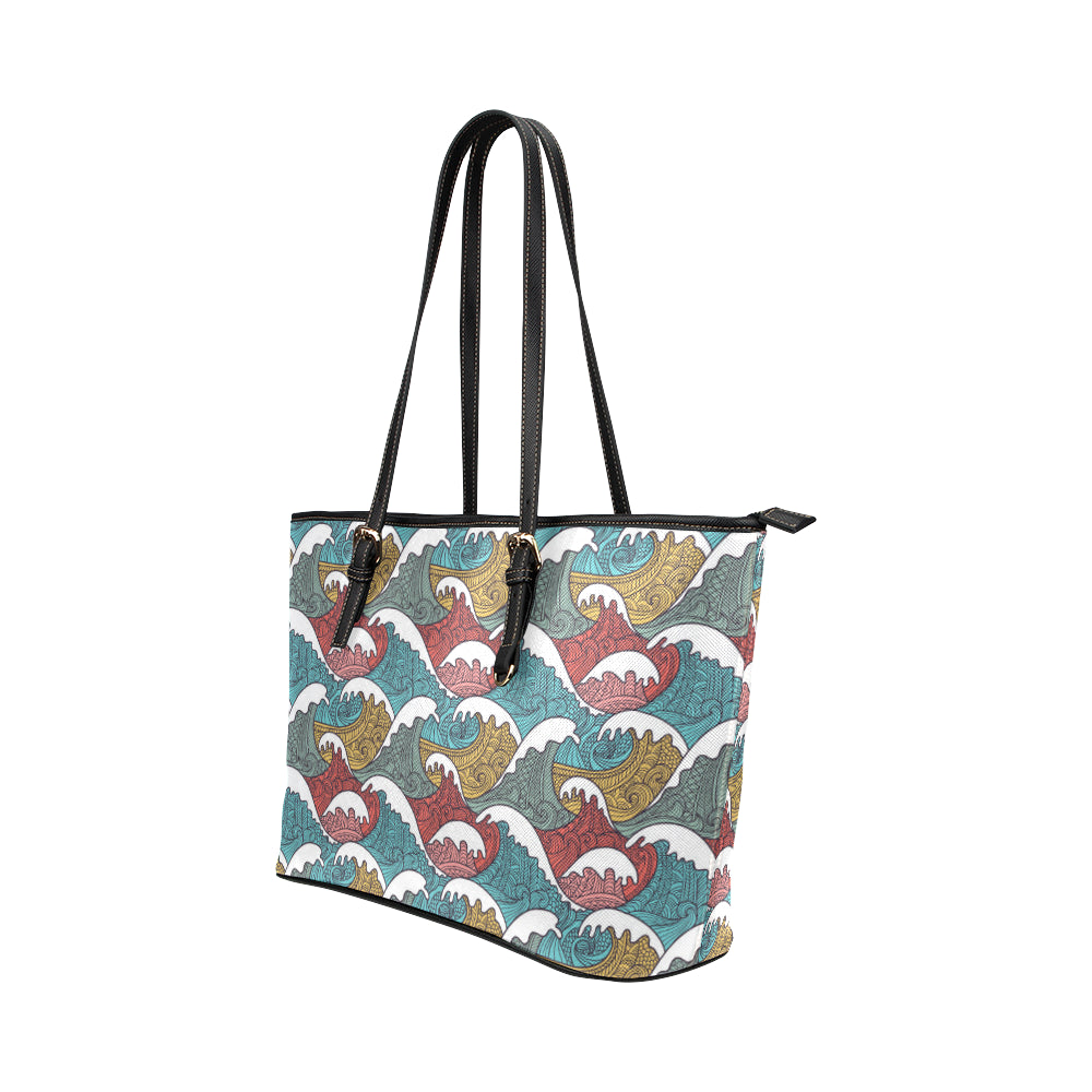 Tribal Wave Pattern Print Leather Tote Bag