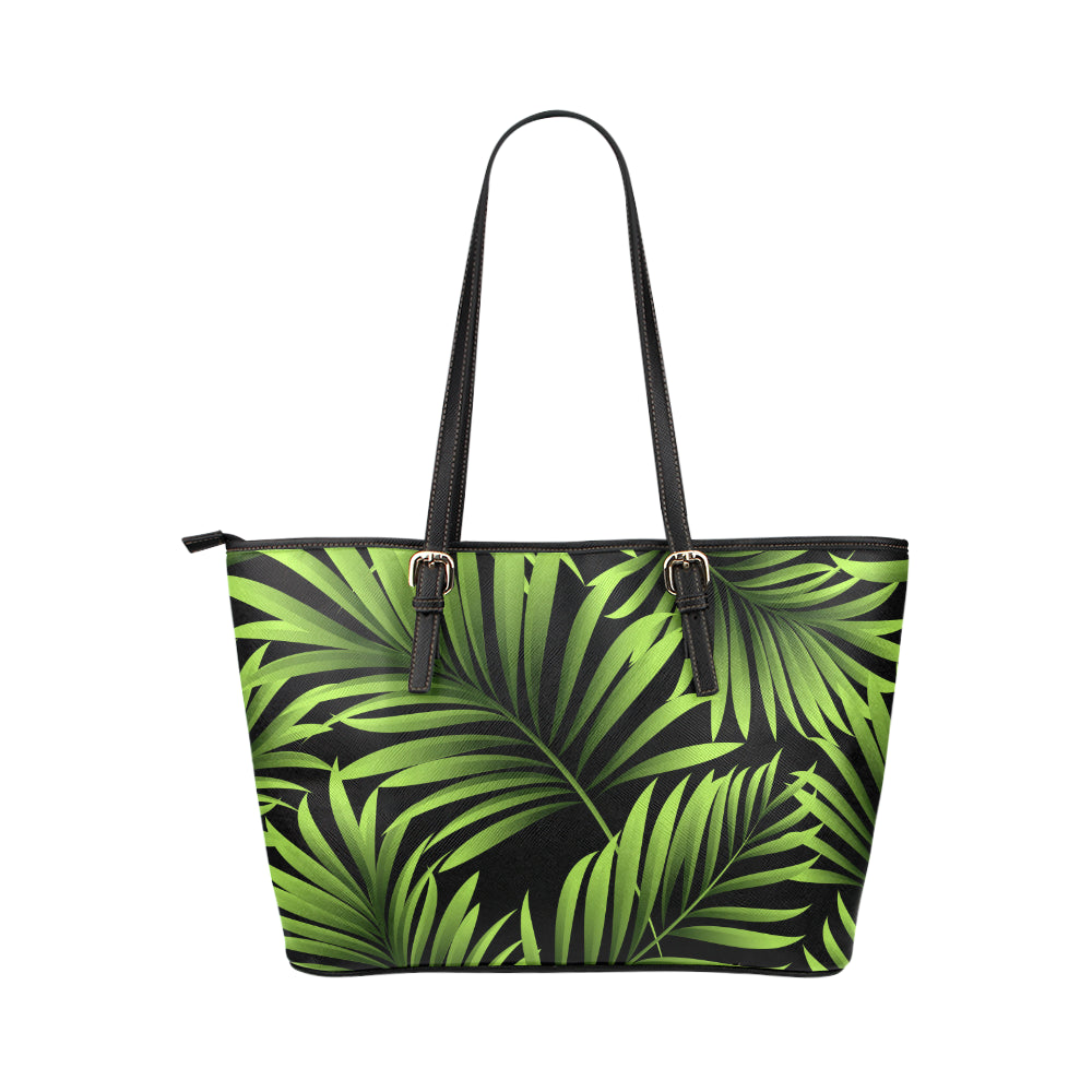 Green Neon Tropical Palm Leaves Leather Tote Bag