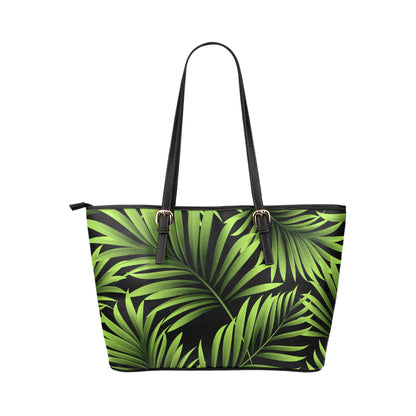 Green Neon Tropical Palm Leaves Leather Tote Bag