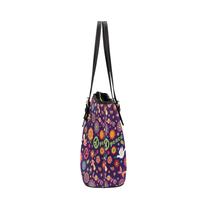 Flower Power Peace Design Print Leather Tote Bag