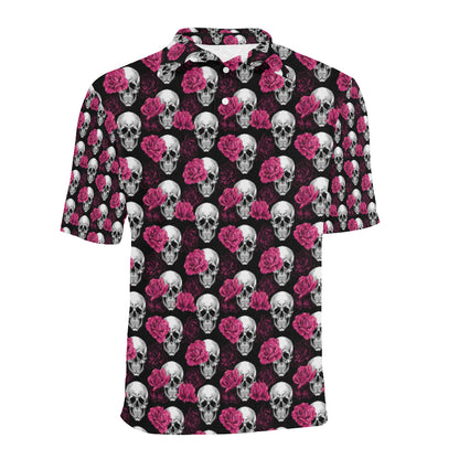 Pink Rose Skull Themed Print Men Polo Shirt