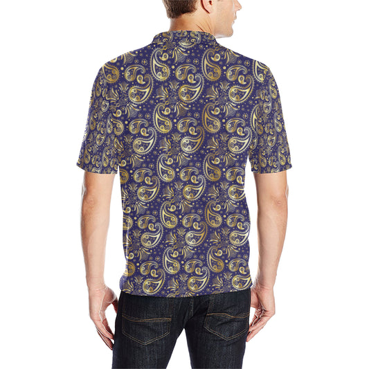 Paisley Blue Yellow Design Print Men Polo Shirt