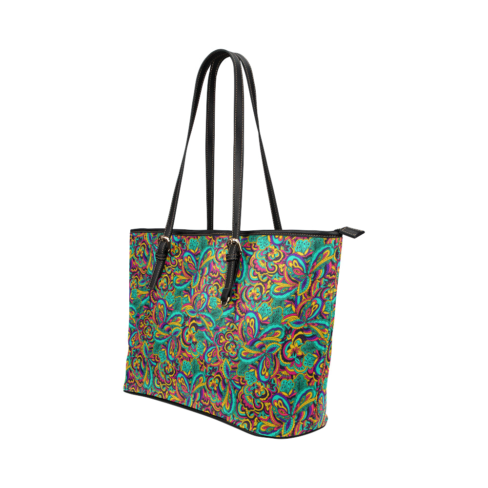 Psychedelic Trippy Floral Design Leather Tote Bag