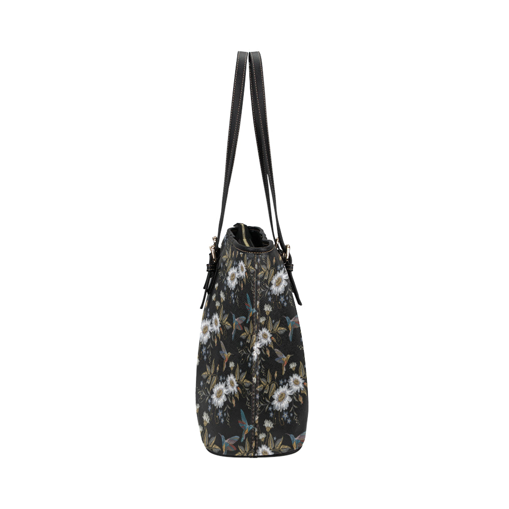 Hummingbird with Embroidery Themed Print Leather Tote Bag