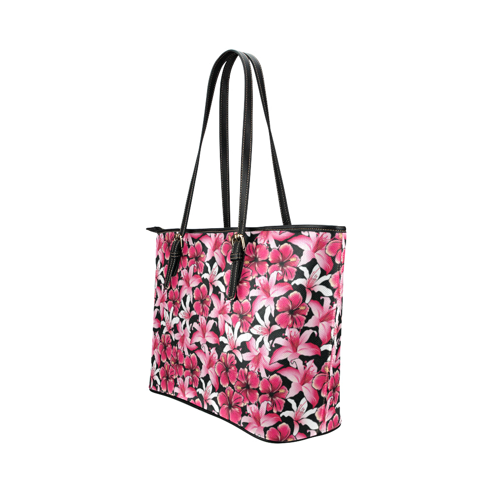 Flower Hawaiian Pink Red  Hibiscus Print Leather Tote Bag