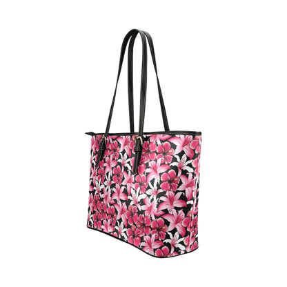 Flower Hawaiian Pink Red  Hibiscus Print Leather Tote Bag