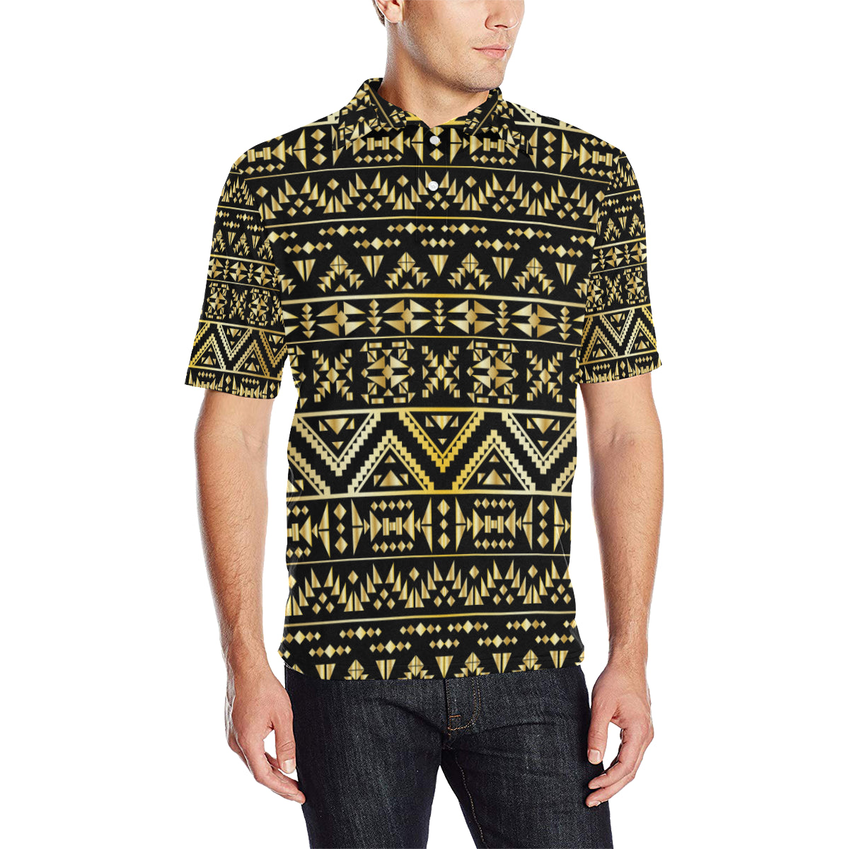 Gold Aztec Tribal Men Polo Shirt