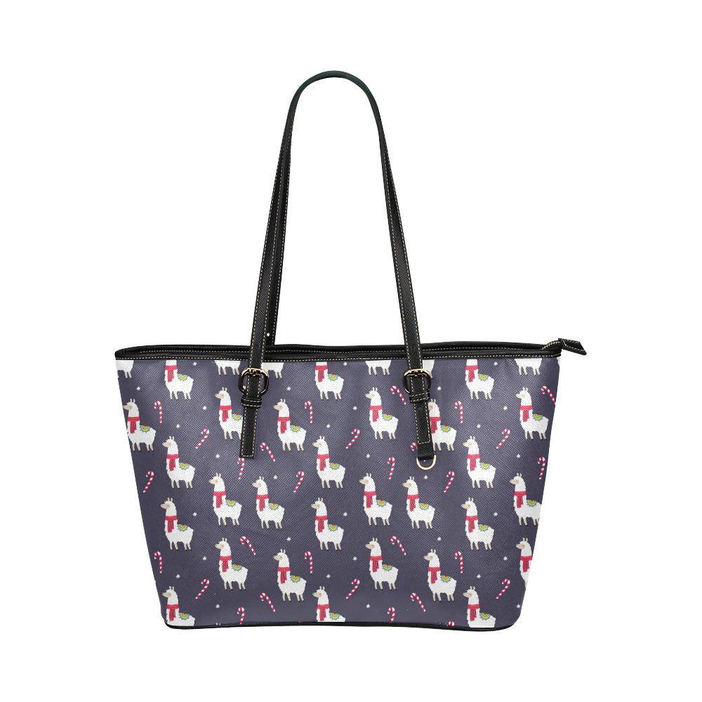Llama with Candy Cane Themed Print Leather Tote Bag