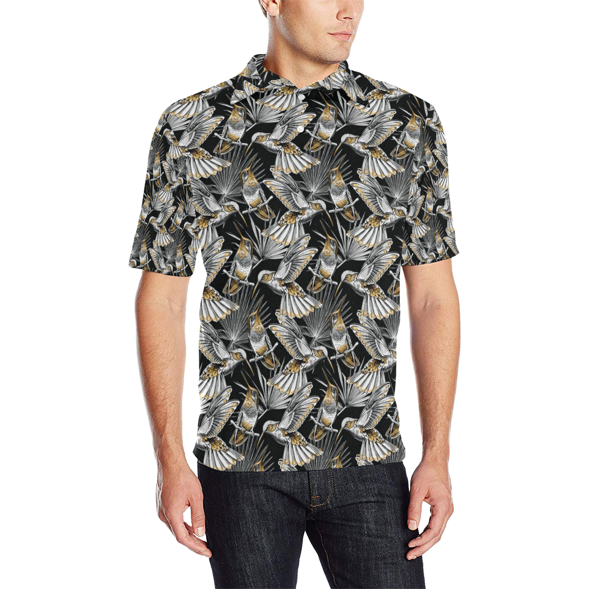 Hummingbird Gold Design Themed Print Men Polo Shirt