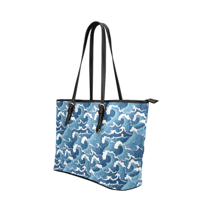 Wave Themed Pattern Print Leather Tote Bag