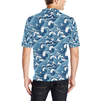 Wave Themed Pattern Print Men Polo Shirt