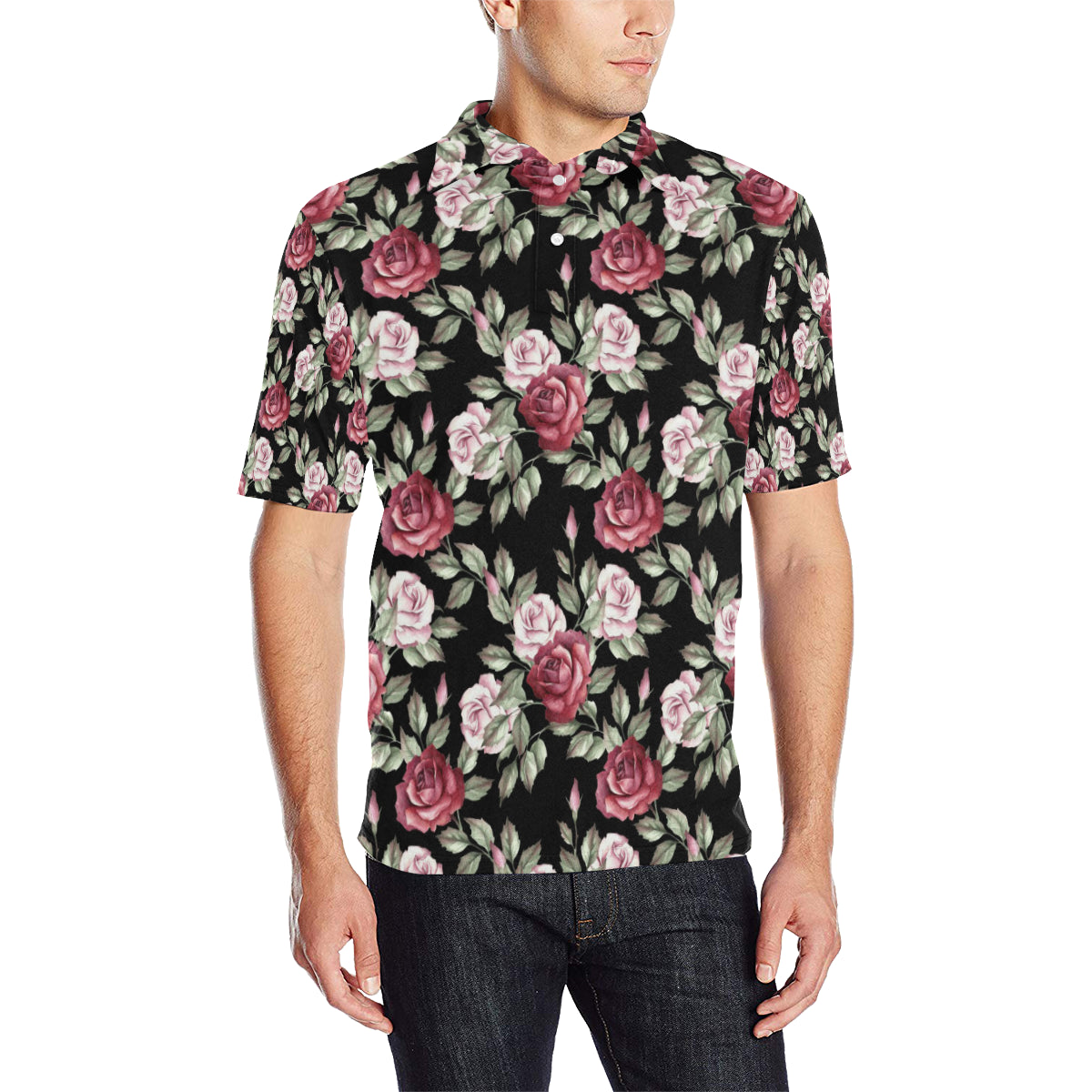 Rose Red Pink Pattern Print Design RO03 Men Polo Shirt
