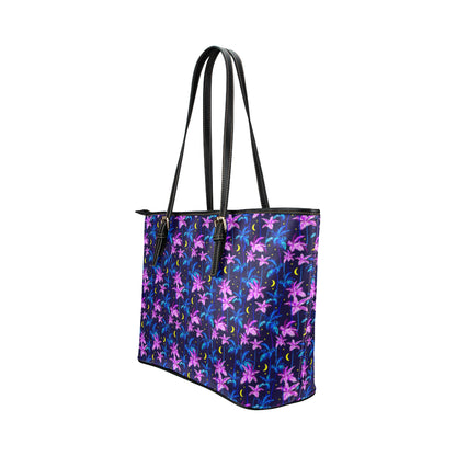 Palm Tree Night Scene Design Print Leather Tote Bag
