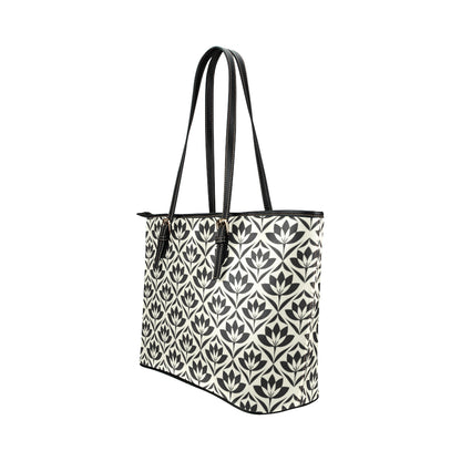 Lotus Pattern Print Leather Tote Bag