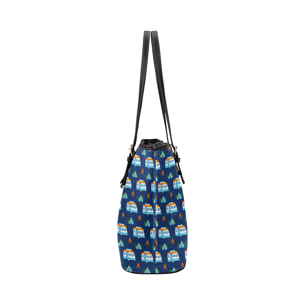 Camper Pattern Camping Themed No 3 Print Leather Tote Bag