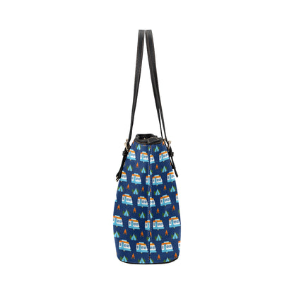 Camper Pattern Camping Themed No 3 Print Leather Tote Bag