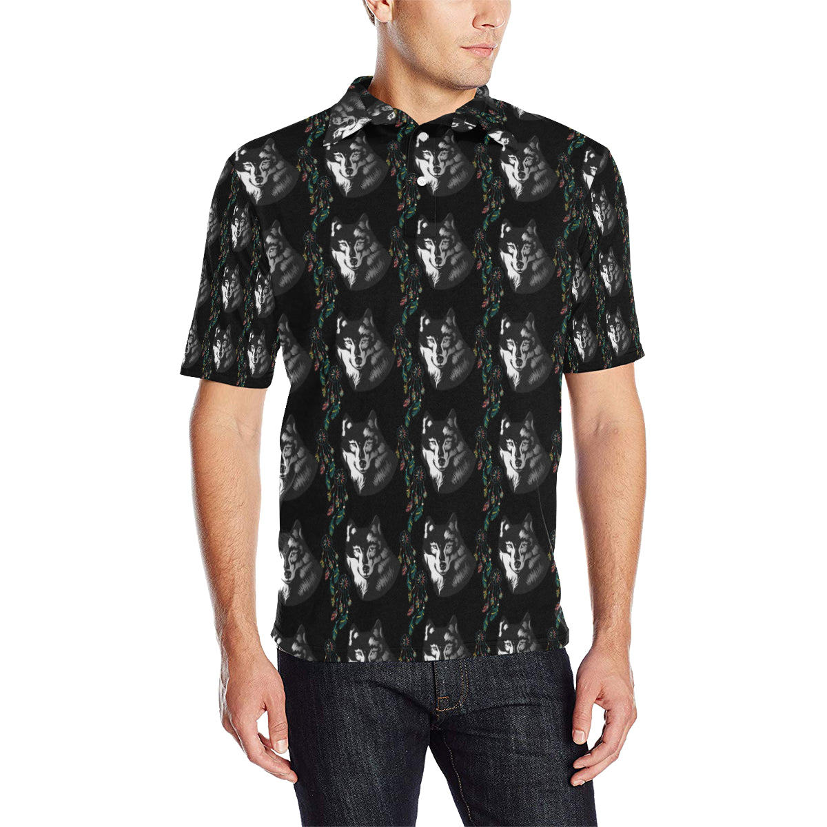 Wolf Black Dream Catcher Design Print Men Polo Shirt