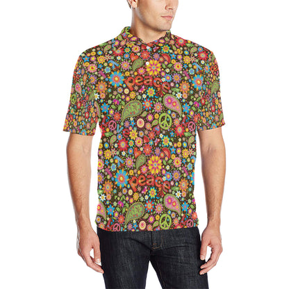 Flower Power Peace Paisley Themed Print Men Polo Shirt