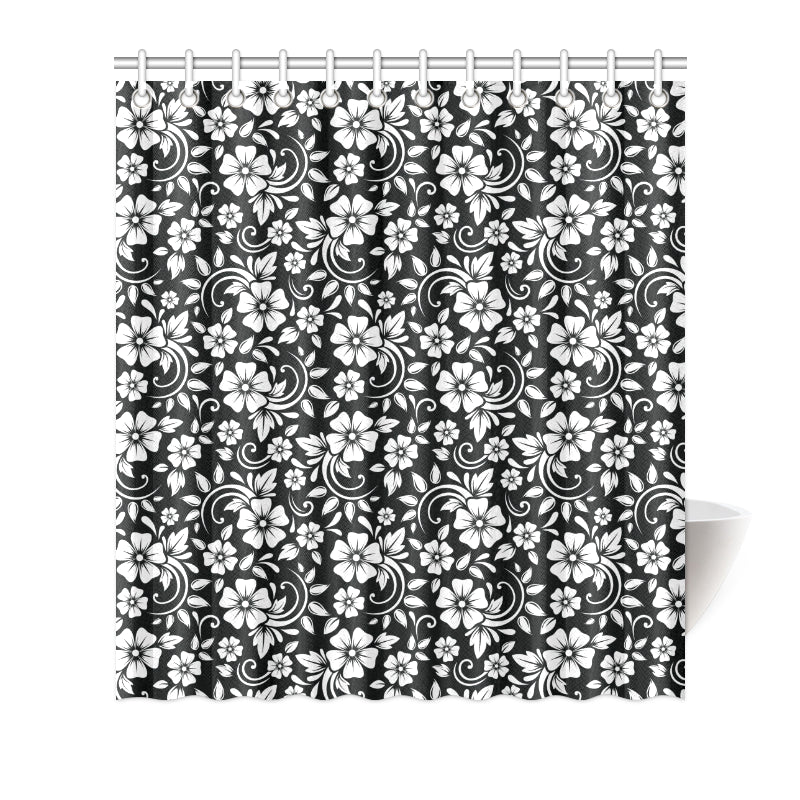 Floral Black White Themed Print Shower Curtain