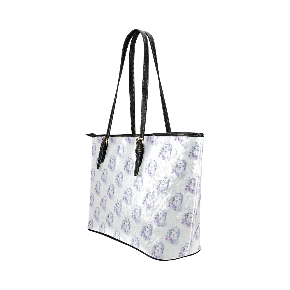 Wolf with Flower Print Design Leather Tote Bag