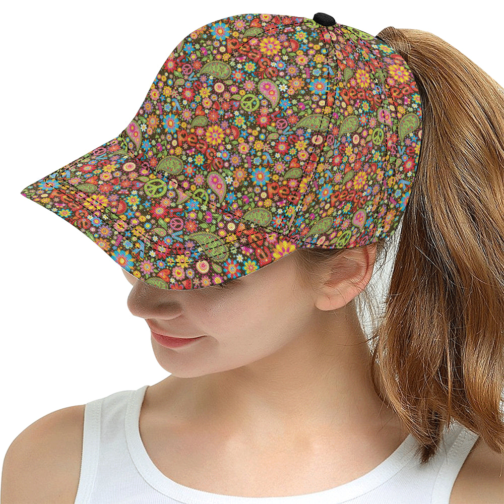 Flower Power Peace Paisley Themed Print Snapback Cap
